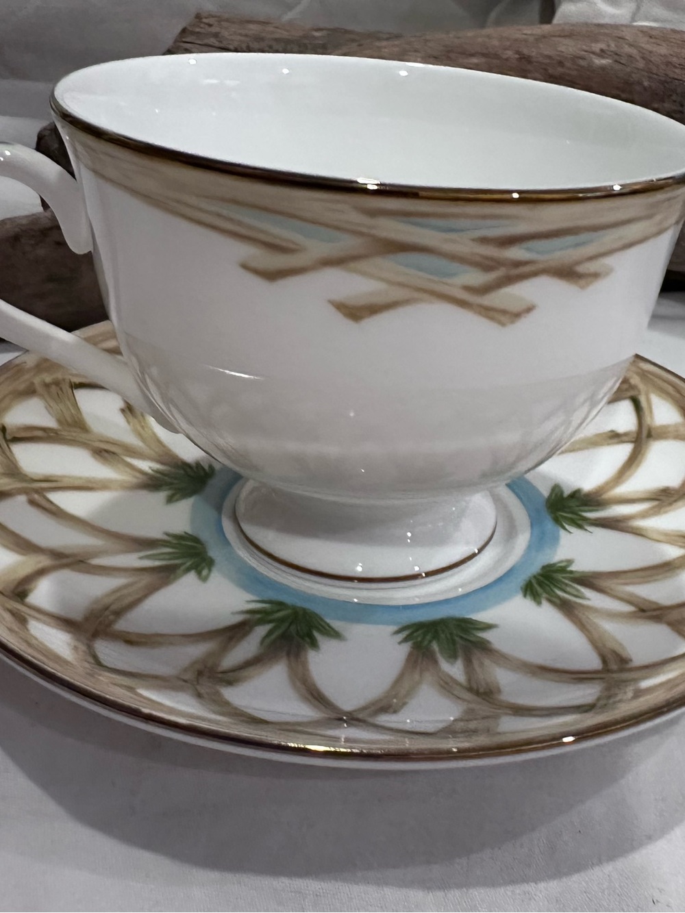 Colonial Bamboo by LENOX Teacup and Saucer with Gold Trim and Green Accents